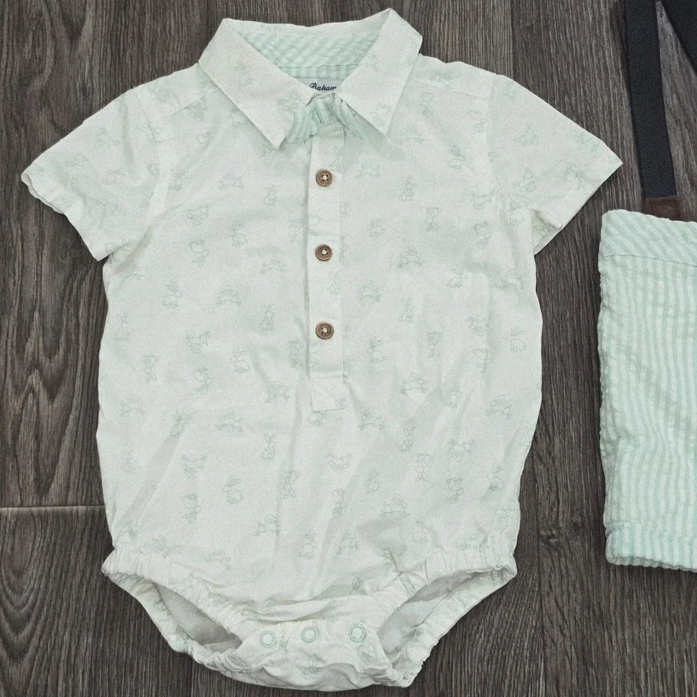 Tommy Bahama Baby Boy 12M‎ Seersucker Shorts Suspenders Hat Bunny Shirt Set 3pc